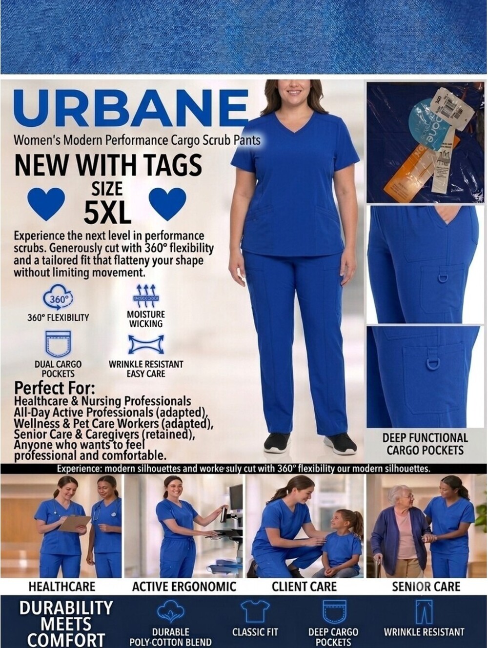 URBANE PERFORMANCE WOMEN'S MODERN FIT CARGO SCRUB PANTS — ROYAL BLUE (SIZE 5XL)